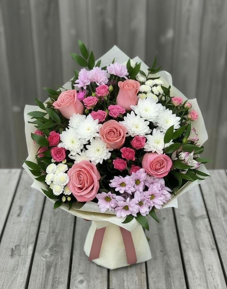 Букет цветов из: Альстромерии, Гвоздики, Розы и Хризантемы в Полетаево