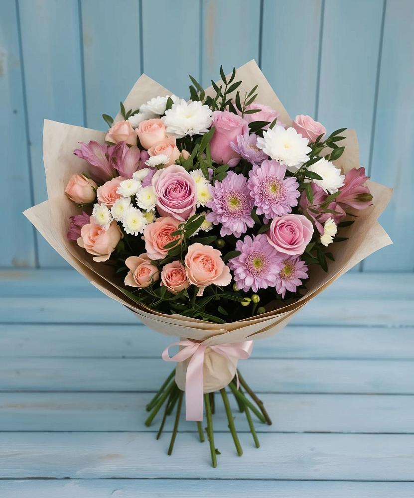 Букет цветов из: Хризантемы, Розы и Альстромерии в Полетаево
