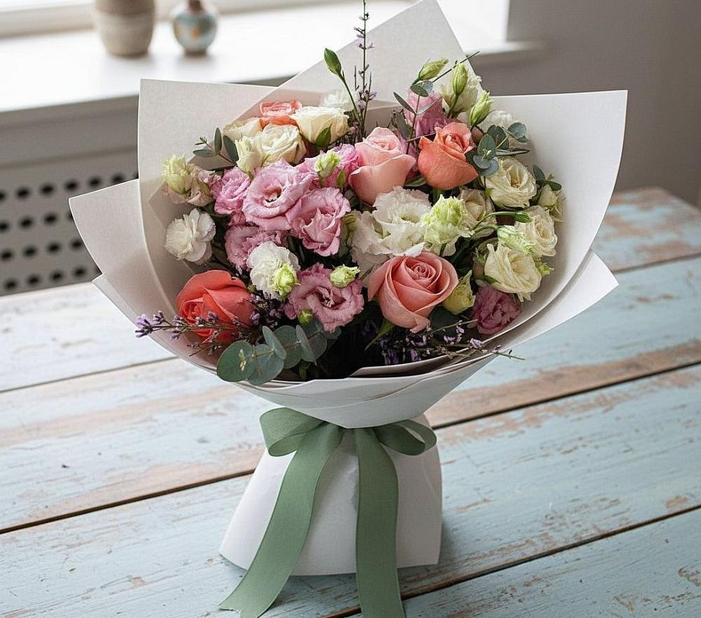 Букет цветов из: Розы, Лизиантусы и Гвоздики в Полетаево