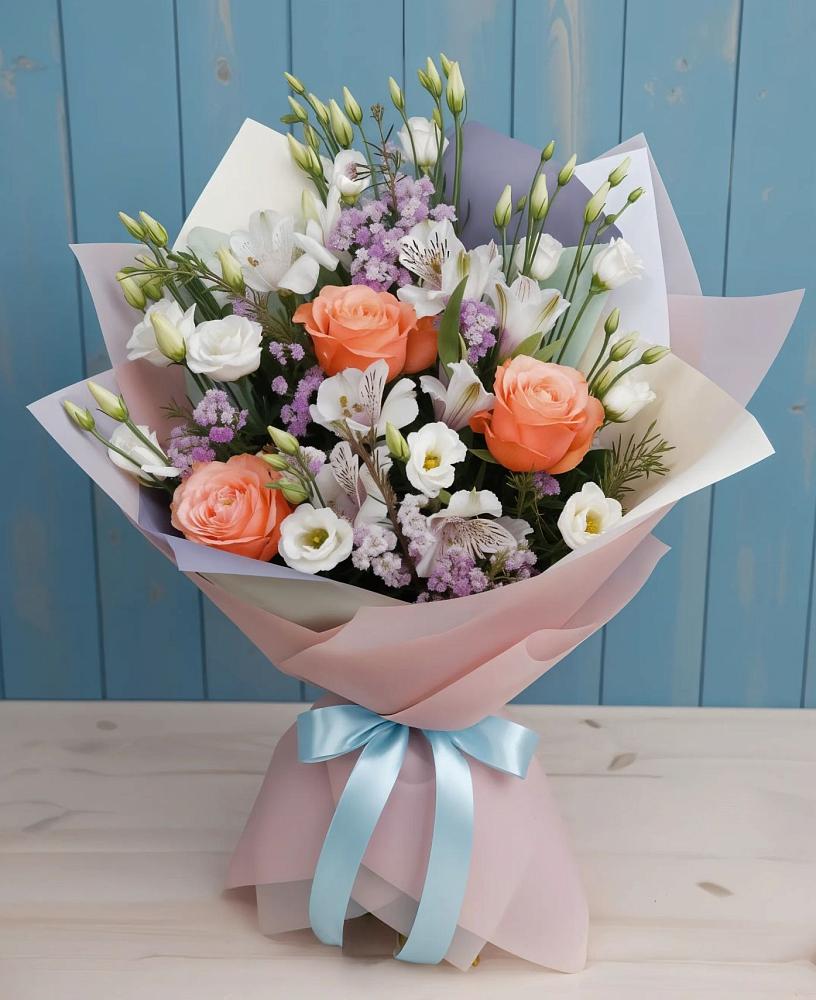 Букет цветов из: Лизиантусы, Розы, Альстромерии и Гипсофила в Полетаево