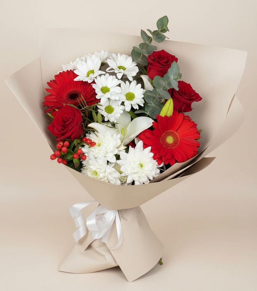 Букет цветов из: Розы, Хризантемы, Герберы и Лилии в Полетаево