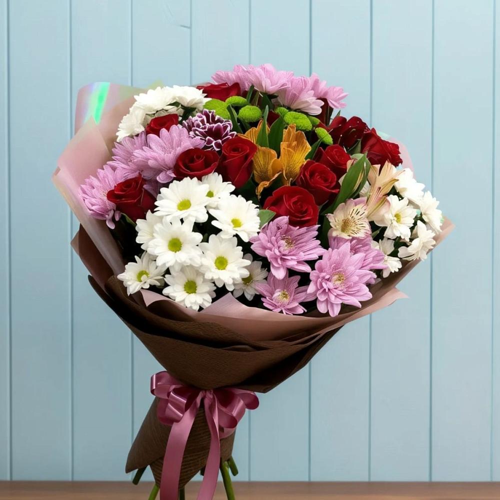 Букет цветов из: Розы, Хризантемы и Альстромерии в Полетаево