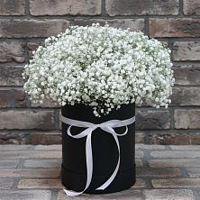 Цветочная композиция из Гипсофила в шляпной коробке в Полетаево